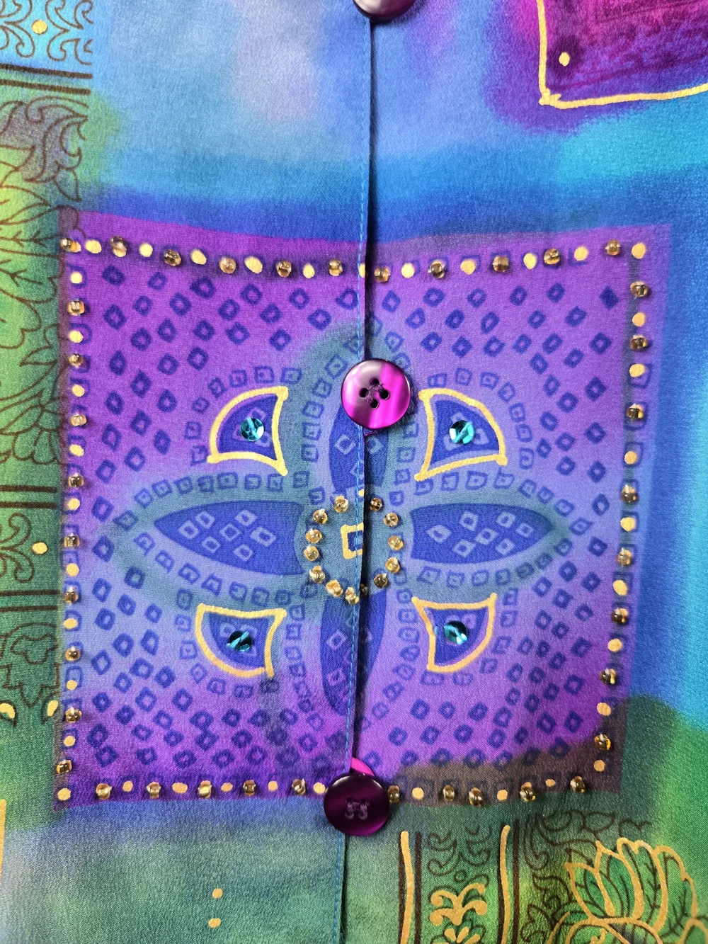 Vintage Diane Gilman 100% Silk Tunic M Jewel Tone Patchwork Art to Wear Y2K